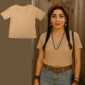 Khaki V Neck Tee Shirt Size XL Soft Lightweight Casual Top Beigecore Tan Basic